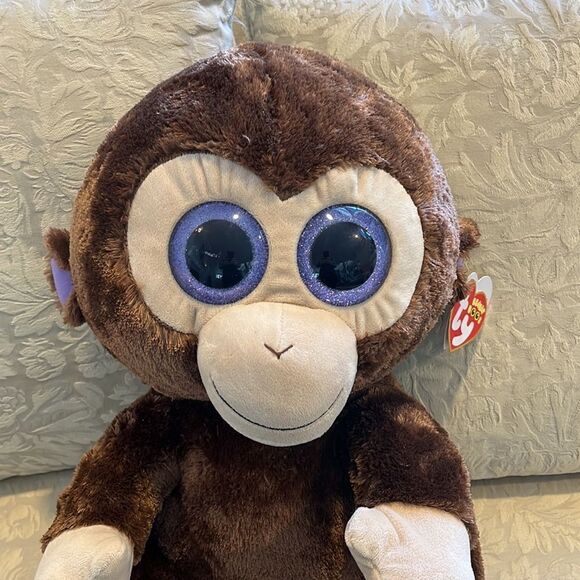 2014 -Ty Beanie Boos Plush -16” XL Coconut Monkey Purple Glitter Eyes - Picture 2 of 10